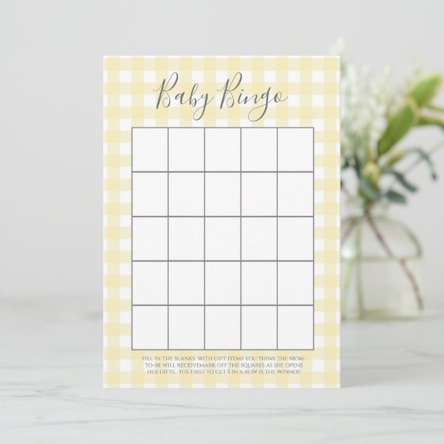 Tarjetas Baby Shower Bingo Yellow Gingham (Anverso de pie)