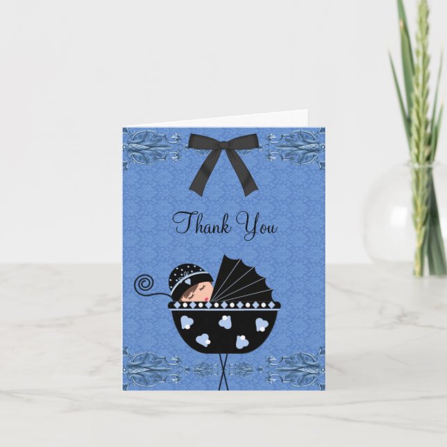 Tarjetas Baby Shower Black Blue Damask (Anverso)