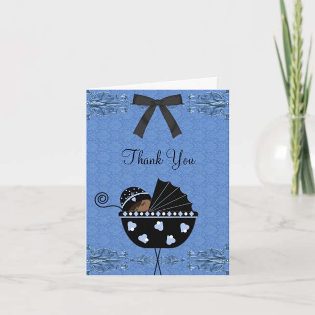Tarjetas Baby Shower Black Blue Damask (Anverso)