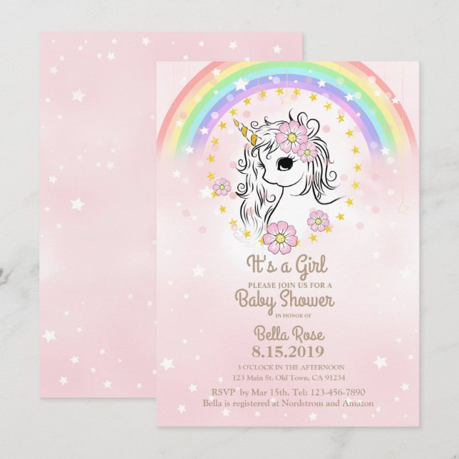 Tarjetas Baby Shower Chicas de RainBow de unicorni (Anverso / Reverso)