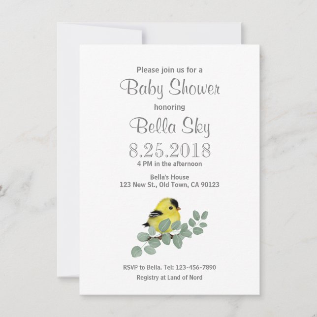 Tarjetas Baby Shower Color Me Yellow Goldfinch (Anverso)