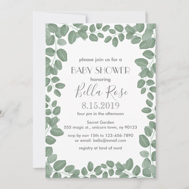 Tarjetas Baby Shower Green Eucalyptus (Anverso)