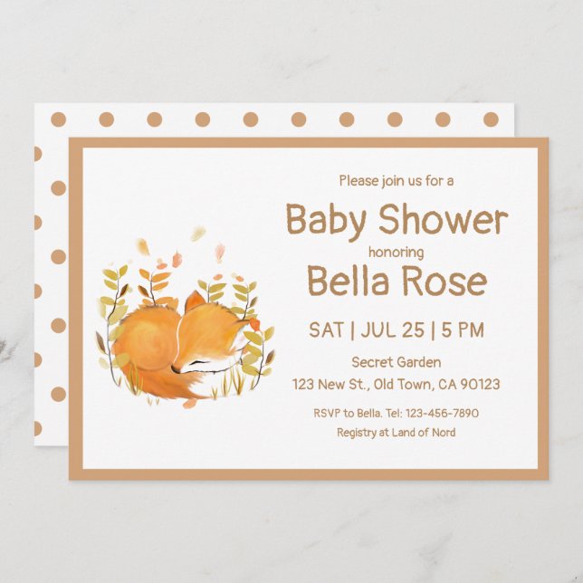 Tarjetas Baby Shower Sleeping Fox Cub (Anverso / Reverso)