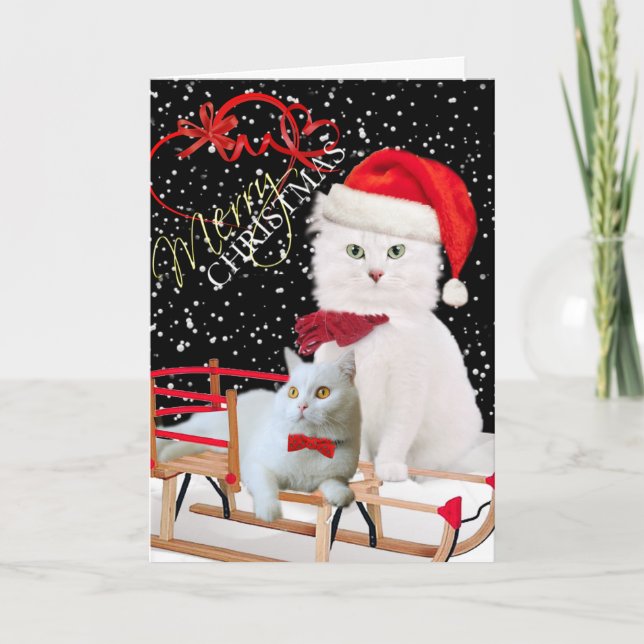 Tarjetas blancas de las Felices Navidad del gato (Anverso)