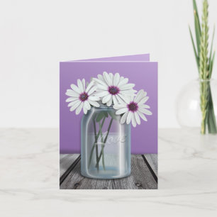 Tarjetas blancas y púrpuras florales del tarro de