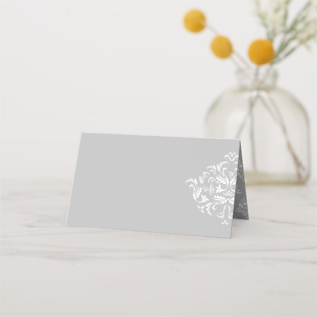 Tarjetas blanco sobre gris elegante Damask Blanche (Reverso)