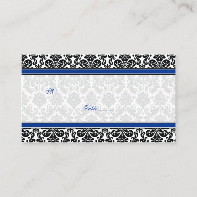 Tarjetas Blue, Black, White Damask Wedding Place (Anverso)