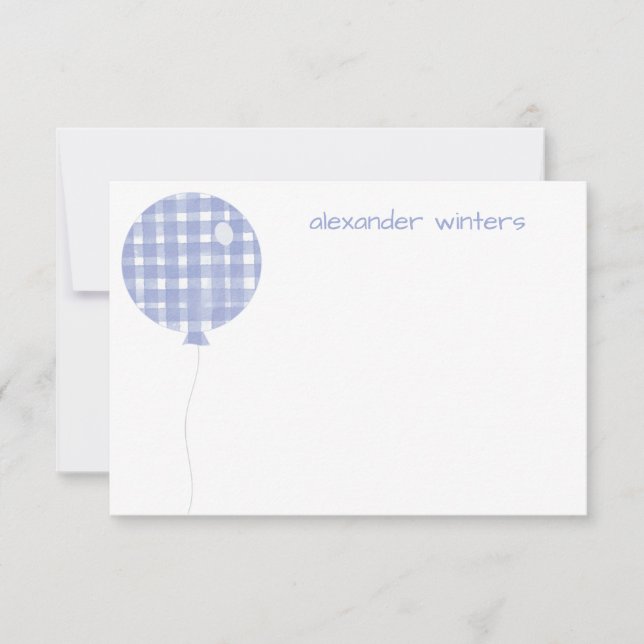 Tarjetas Blue Gingham Watercolor Balloon Note (Anverso)