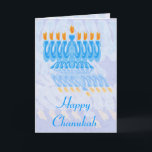 Tarjetas Blue Menorah Chanukah<br><div class="desc">Menorah azul con llamas naranjas,  con reflexión rizada. Diseño de Chanukah. Personalizado Chanukah tarjetas de felicitación - personalizar tu propio saludo dentro.</div>
