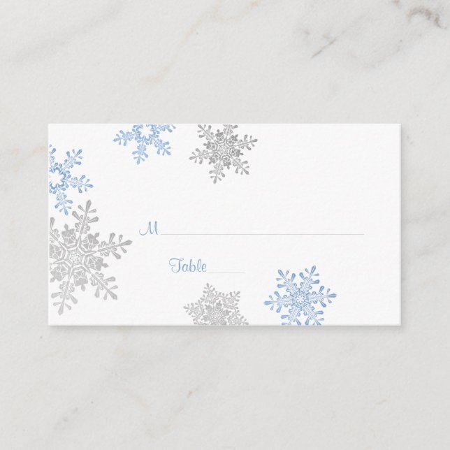 Tarjetas Blue Silver Snowflake Winter Wedding Plac (Anverso)