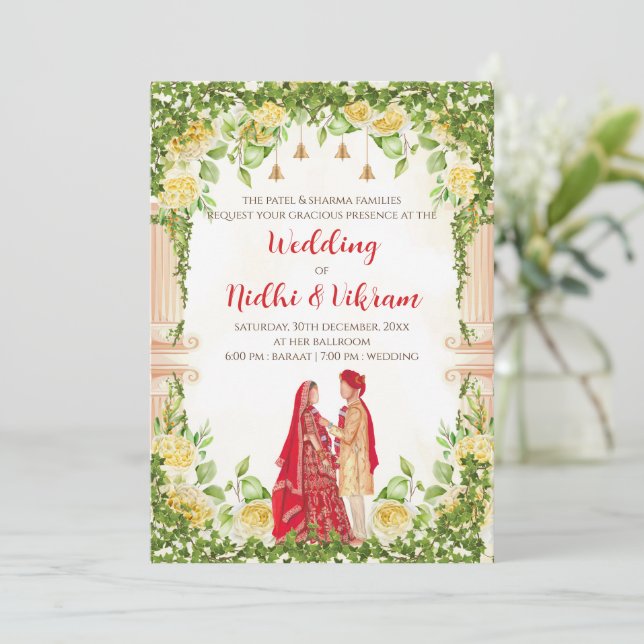 Tarjetas bodas hindúes e invitaciones nupciales in (Anverso de pie)