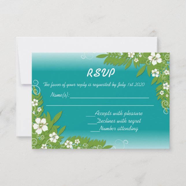 Tarjetas bodas RSVP de hibiscus blanco verde azula (Anverso)