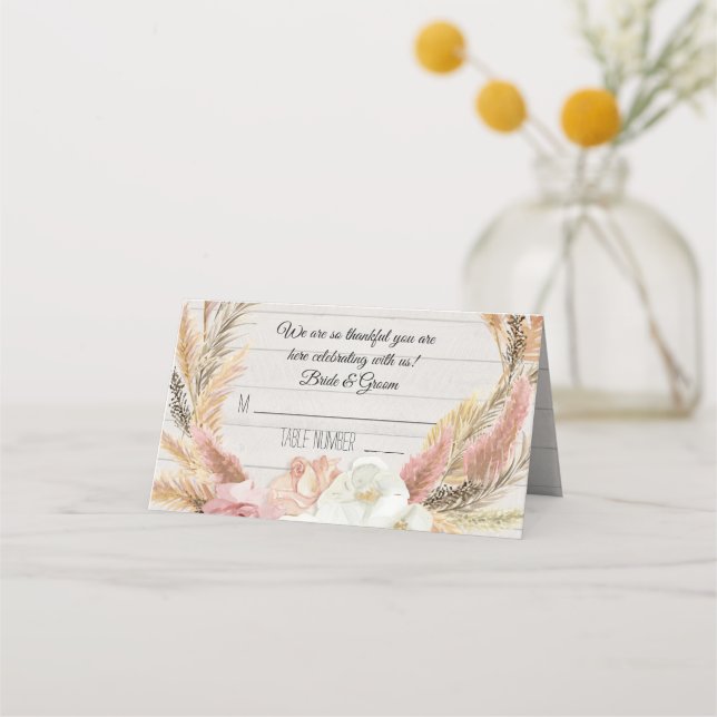 Tarjetas Boho Floral Pampas Grass Rustic Wood Plac (Anverso)
