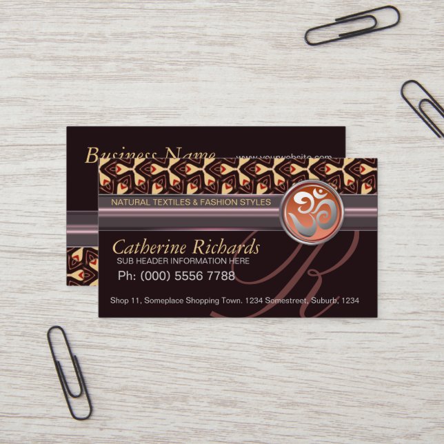 Tarjetas comerciales textiles tribales de moda org (Anverso/Reverso In Situ)
