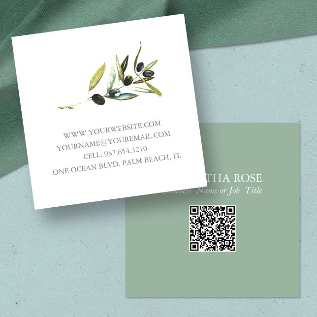 Tarjetas comerciales únicas acuarela Botánica (unique business cards watercolor botanical olive branch QR code)