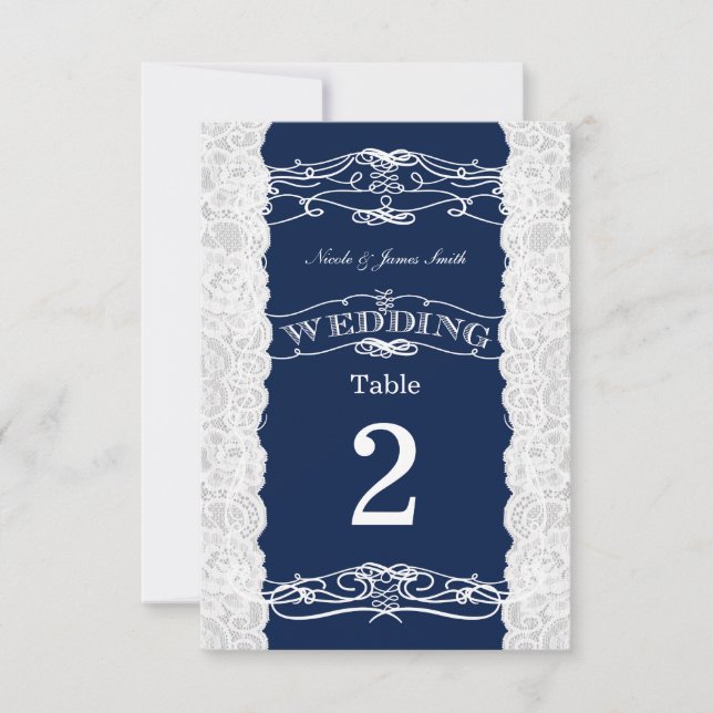 Tarjetas con número de tabla de Boda de encaje azu (Anverso)