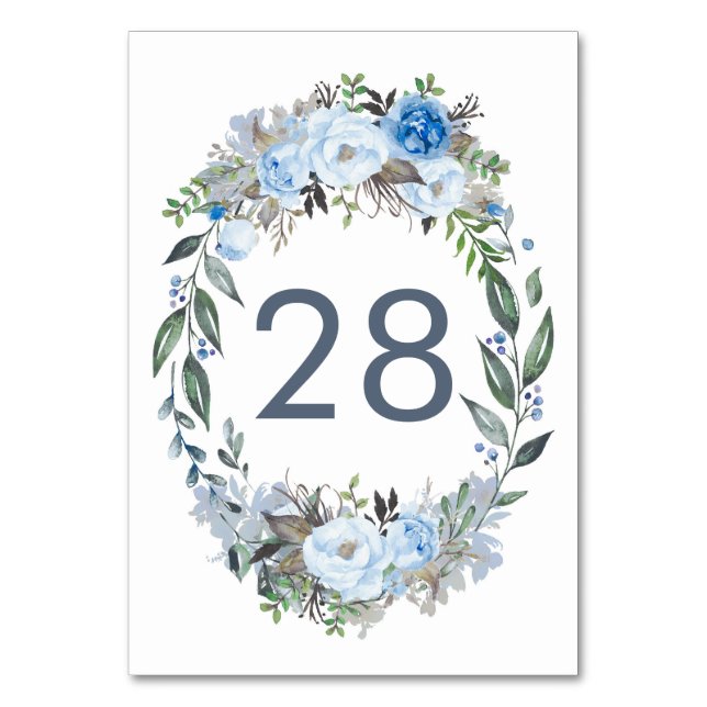 Tarjetas con número de tabla de Boda de floral azu (Reverso)
