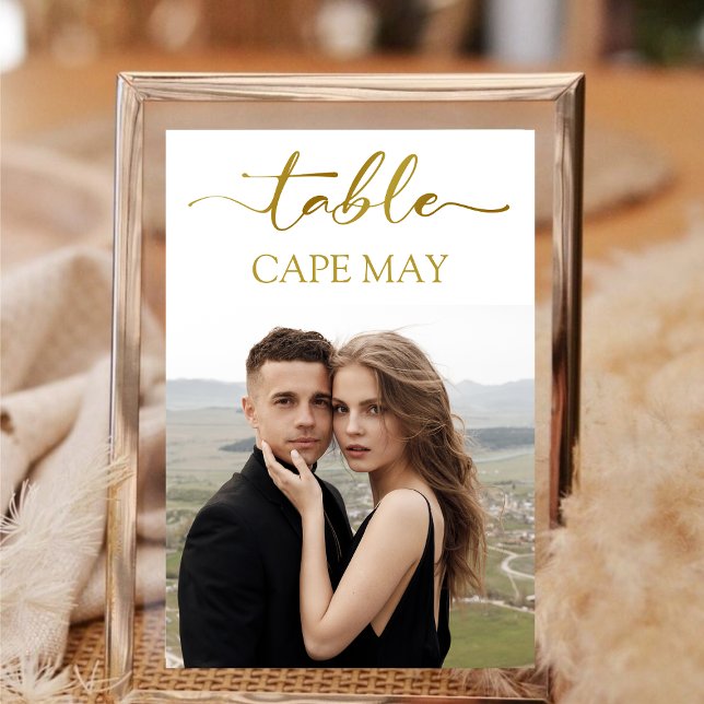 Tarjetas con números de tabla de fotos de Boda bla (Wedding Travel Destination Name Photo White Gold Table Number)