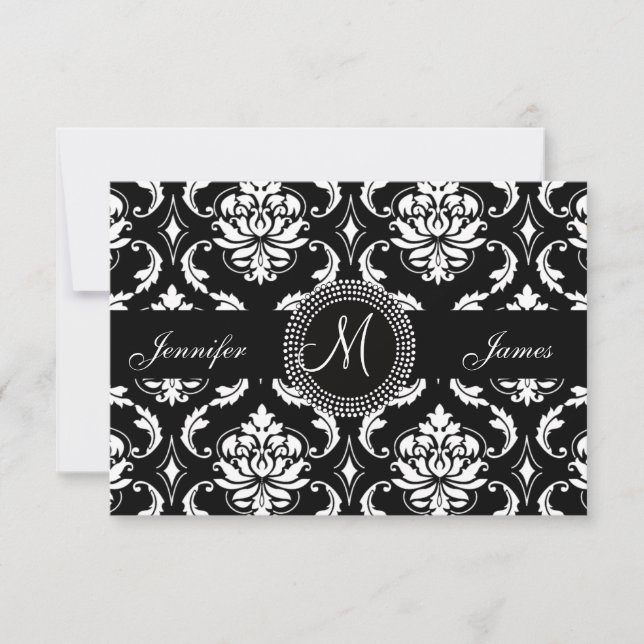 Tarjetas Damask Monogram RSVP para invitación cuad (Anverso)