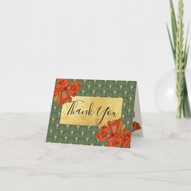 Tarjetas de agradecimiento Art Deco florales rojas (Anverso)