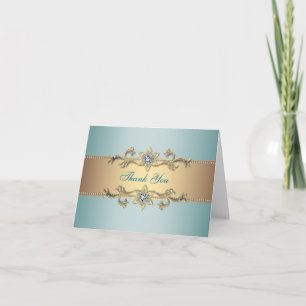 Tarjetas de agradecimiento azules turquesa y dorad