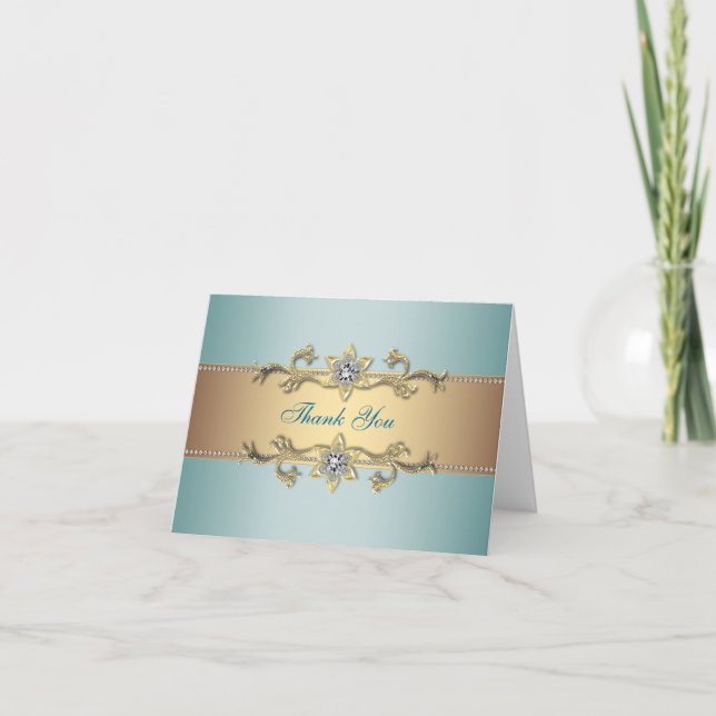 Tarjetas de agradecimiento azules turquesa y dorad (Anverso)