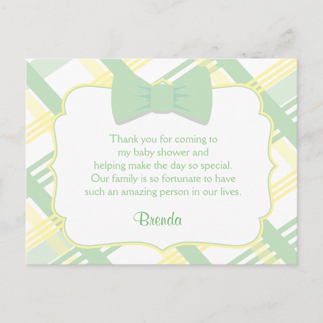 Tarjetas de agradecimiento Baby Shower Green Plaid (Anverso)