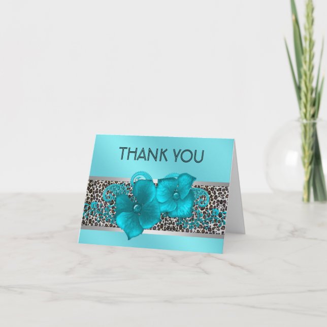 Tarjetas de agradecimiento Black Teal Blue Leopard (Anverso)