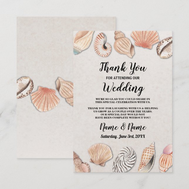 Tarjetas de agradecimiento Conchas Bodas en la pla (Anverso / Reverso)