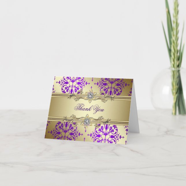 Tarjetas de agradecimiento Damask Gold Purple (Anverso)