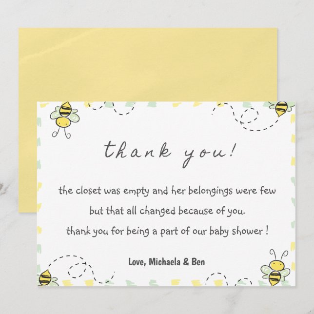 Tarjetas de agradecimiento de abeja, Ducha de bebé (Anverso / Reverso)