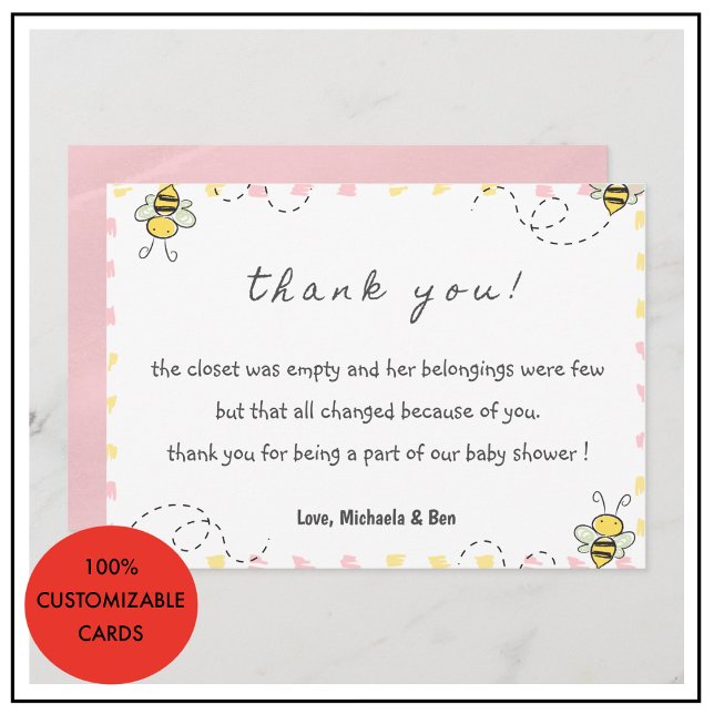 Tarjetas de agradecimiento de abeja, Mamá abeja en (Bee thank you cards,Baby Shower Cute Pink)