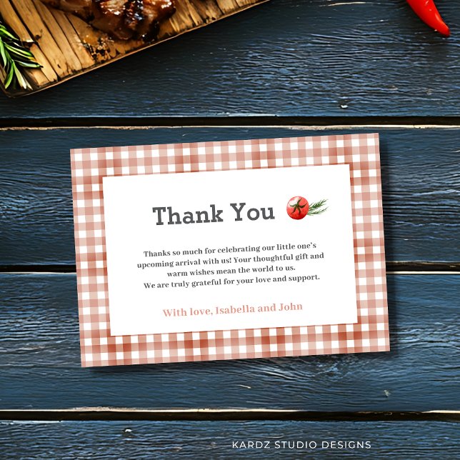 Tarjetas de agradecimiento de BabyQ BBQ Baby Showe (Customize with your message or leave as is. Card shown in 3.5 x 5 inches. Choose your preferred size)