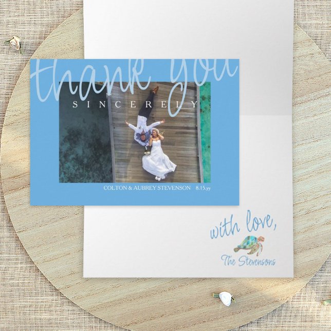 Tarjetas de agradecimiento de boda azul tropical (Tropical blue wedding photo thank you card with sea turtle - turquoise, teal blue, malibu blue)