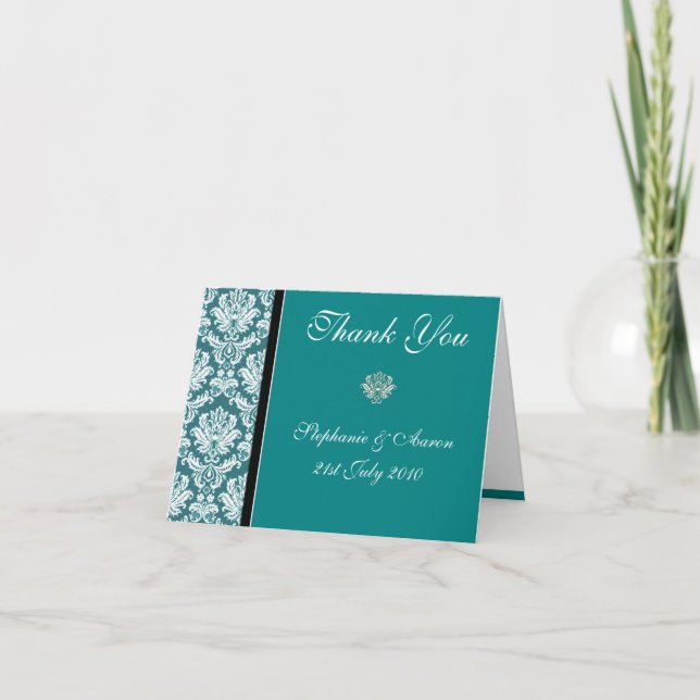 Tarjetas de agradecimiento de boda azul verde (Anverso)