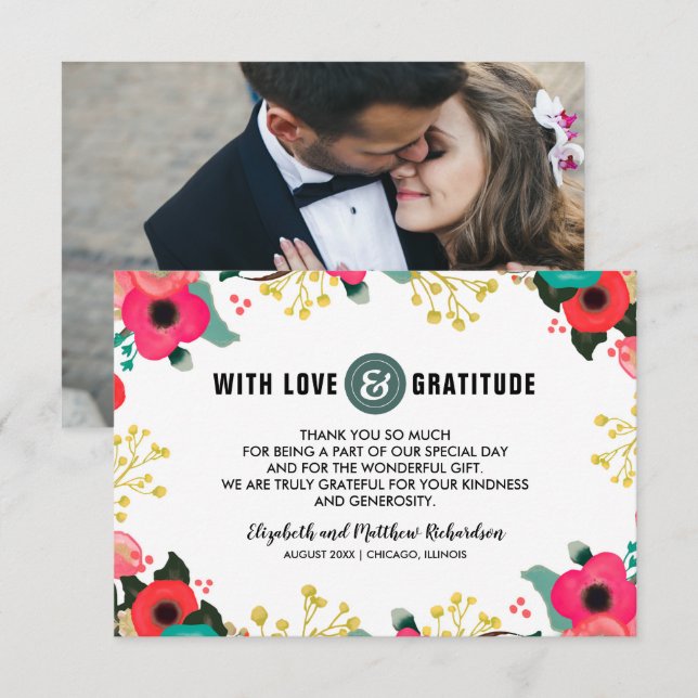 Tarjetas de agradecimiento de boda con foto floral (Anverso / Reverso)