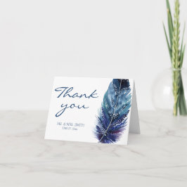 Tarjetas de agradecimiento de boda con pluma azul