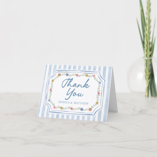 Tarjetas de agradecimiento de boda con rayas azule (Anverso)