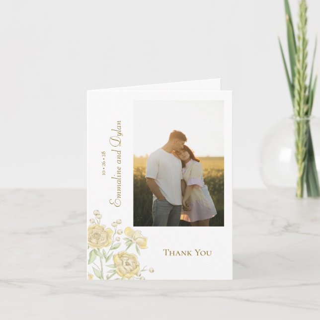 Tarjetas de agradecimiento de boda con rosa amaril (Anverso)
