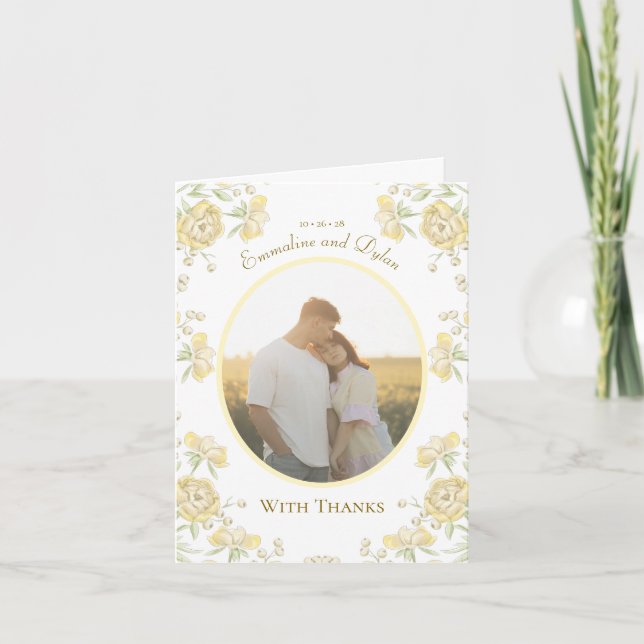 Tarjetas de agradecimiento de boda con rosa amaril (Anverso)