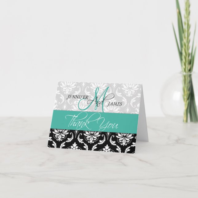 Tarjetas de agradecimiento de boda Damask Monogram (Anverso)
