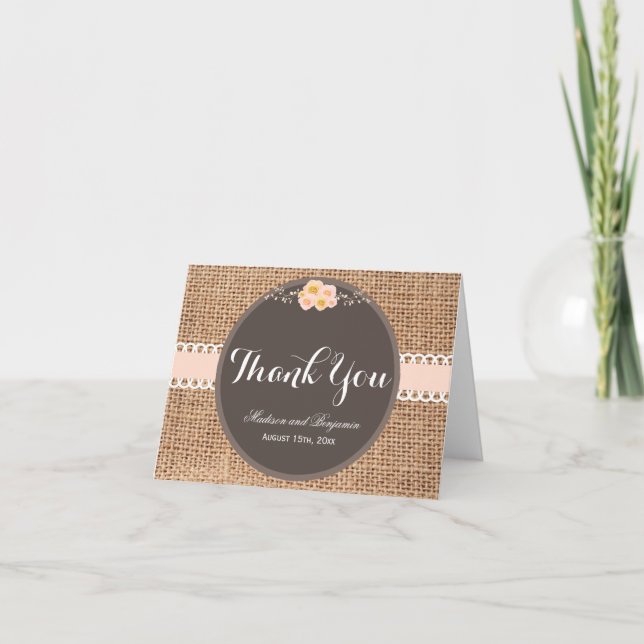 Tarjetas de agradecimiento de boda de arpillera rú (Anverso)