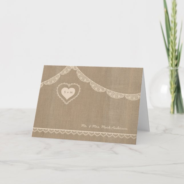 Tarjetas de agradecimiento de boda de arpillera y  (Anverso)