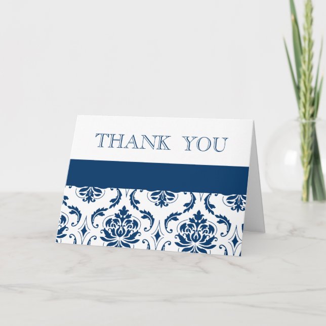 Tarjetas de agradecimiento de boda de Damasco Azul (Anverso)