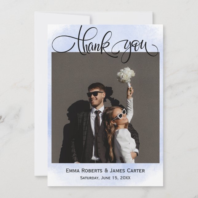 Tarjetas de agradecimiento de boda florales azules (Anverso)