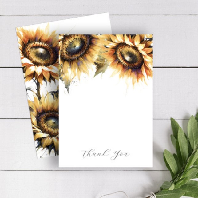 Tarjetas de agradecimiento de boda girasoles amari (Thank you note cards feature watercolor sunflowers in shades of yellow on Do Tell A Belle)
