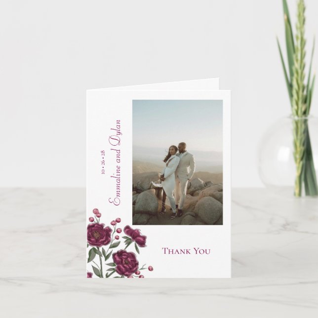 Tarjetas de agradecimiento de boda Maroon Rose con (Anverso)