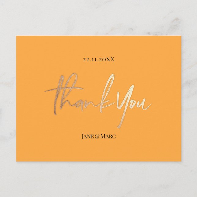 Tarjetas de agradecimiento de boda naranjas con le (Anverso)