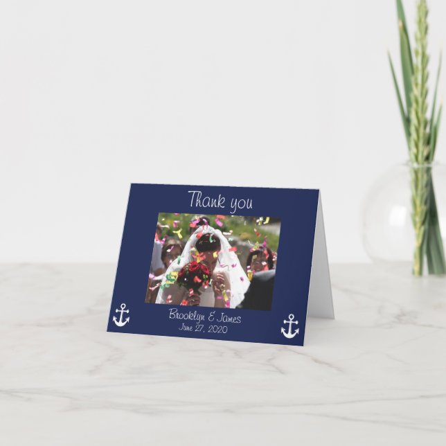 Tarjetas de agradecimiento de boda náuticas azul m (Anverso)