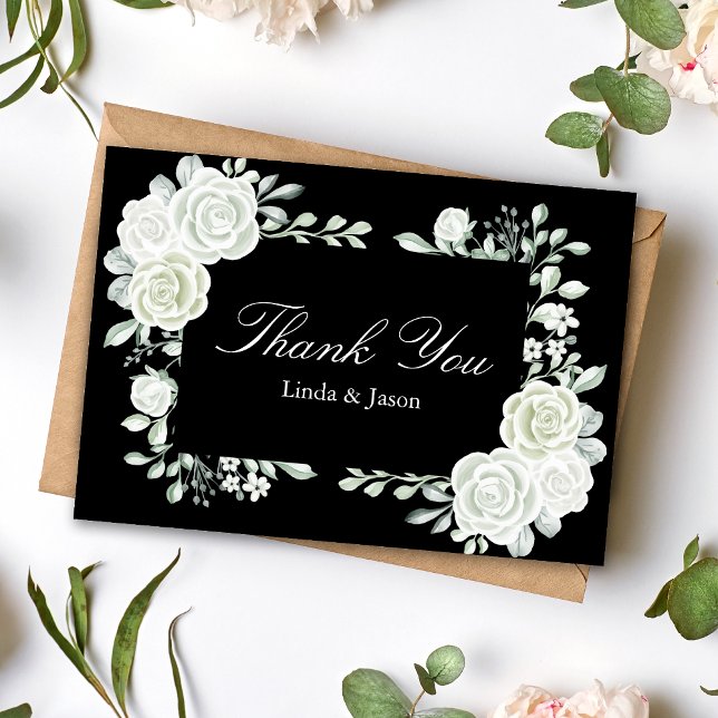 Tarjetas de agradecimiento de boda Rosas Blancas G (Black gothic white roses thank you cards add dramatic elegance to heartfelt wedding thanks.)